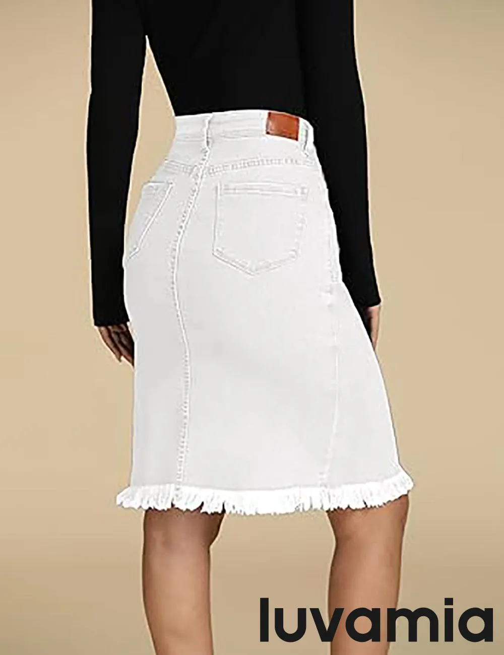 luvamia Women's Casual Mid Rise Button Down Frayed Raw Hem Fit Denim Jean Skirt