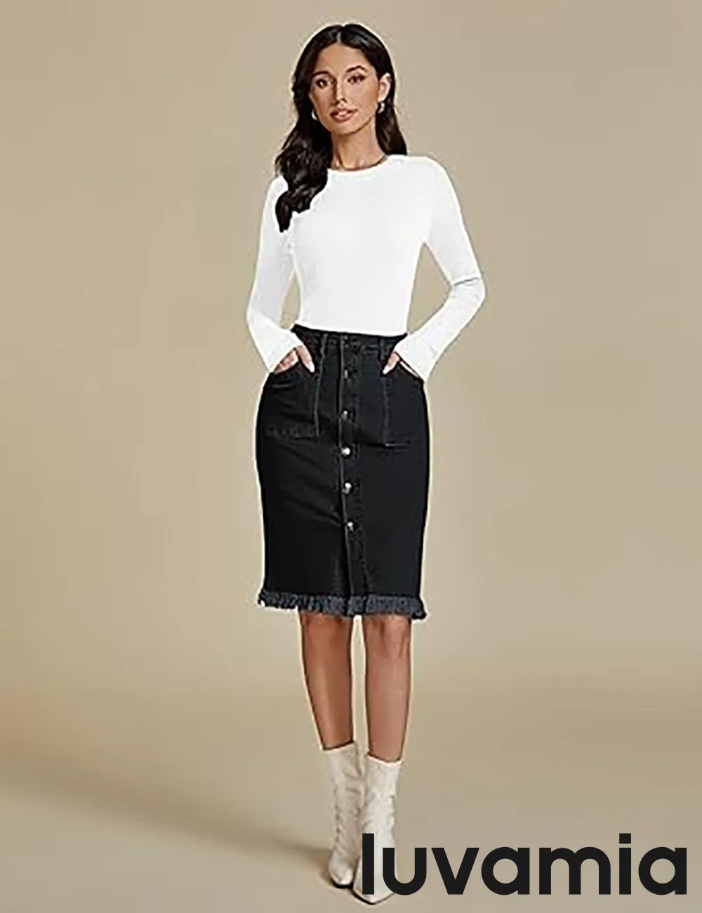 luvamia Women's Casual Mid Rise Button Down Frayed Raw Hem Fit Denim Jean Skirt