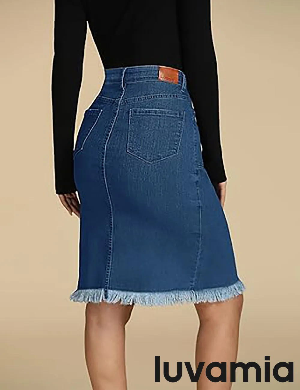 luvamia Women's Casual Mid Rise Button Down Frayed Raw Hem Fit Denim Jean Skirt