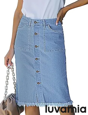 luvamia Women's Casual Mid Rise Button Down Frayed Raw Hem Fit Denim Jean Skirt