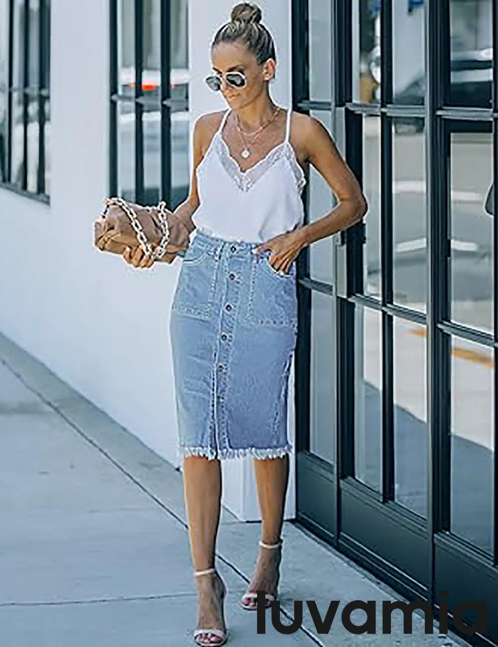 luvamia Women's Casual Mid Rise Button Down Frayed Raw Hem Fit Denim Jean Skirt