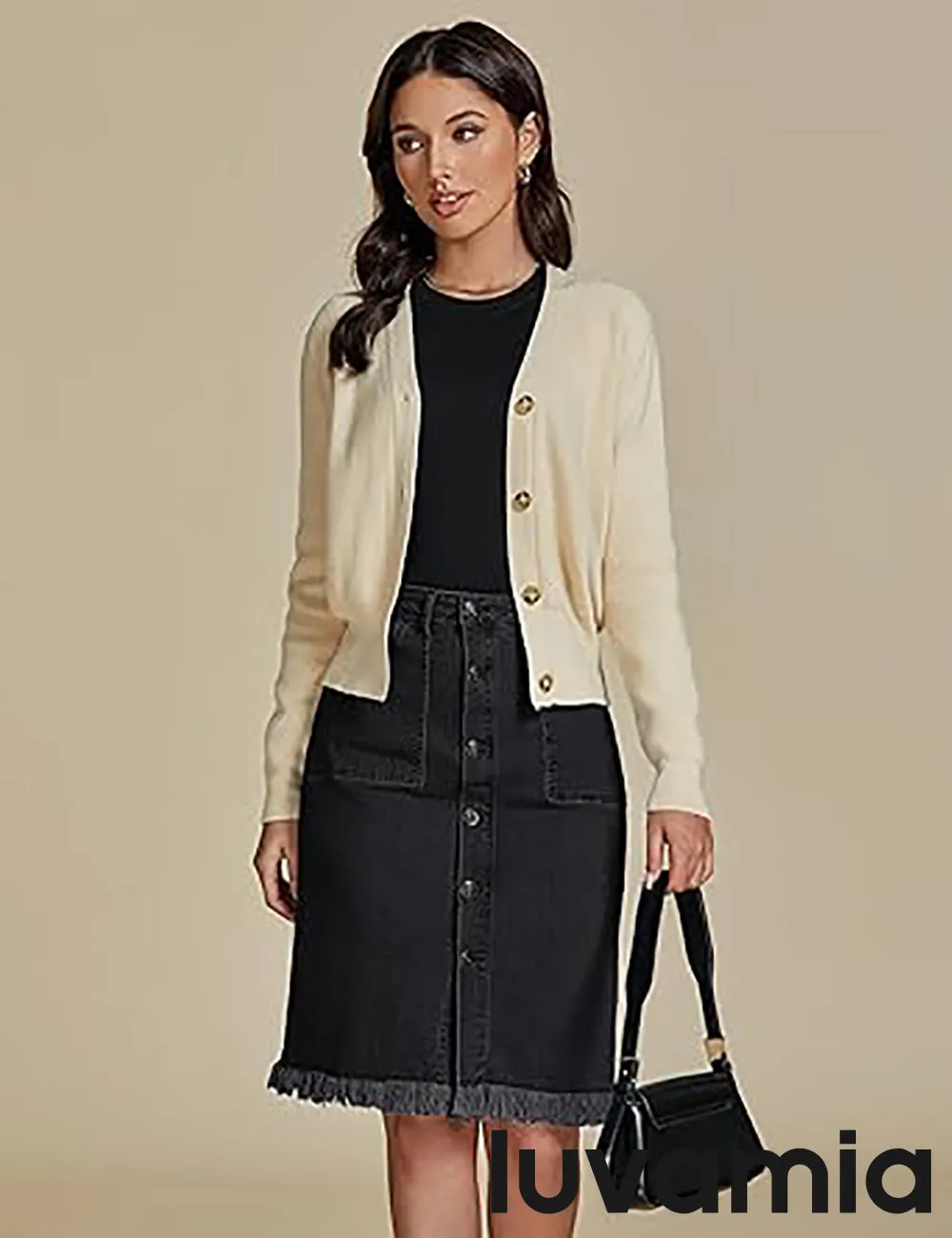 luvamia Women's Casual Mid Rise Button Down Frayed Raw Hem Fit Denim Jean Skirt