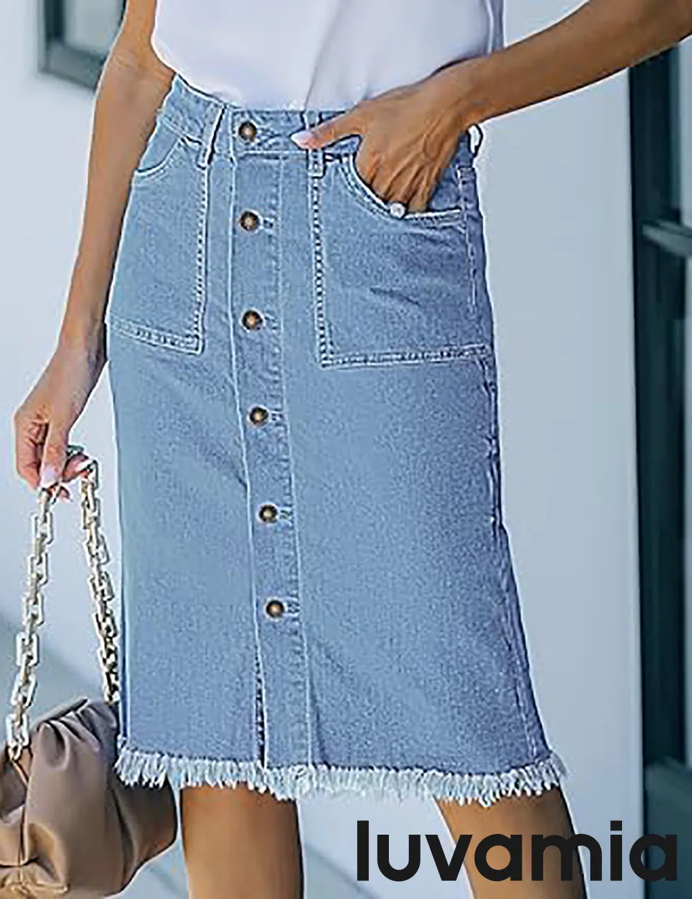 luvamia Women's Casual Mid Rise Button Down Frayed Raw Hem Fit Denim Jean Skirt