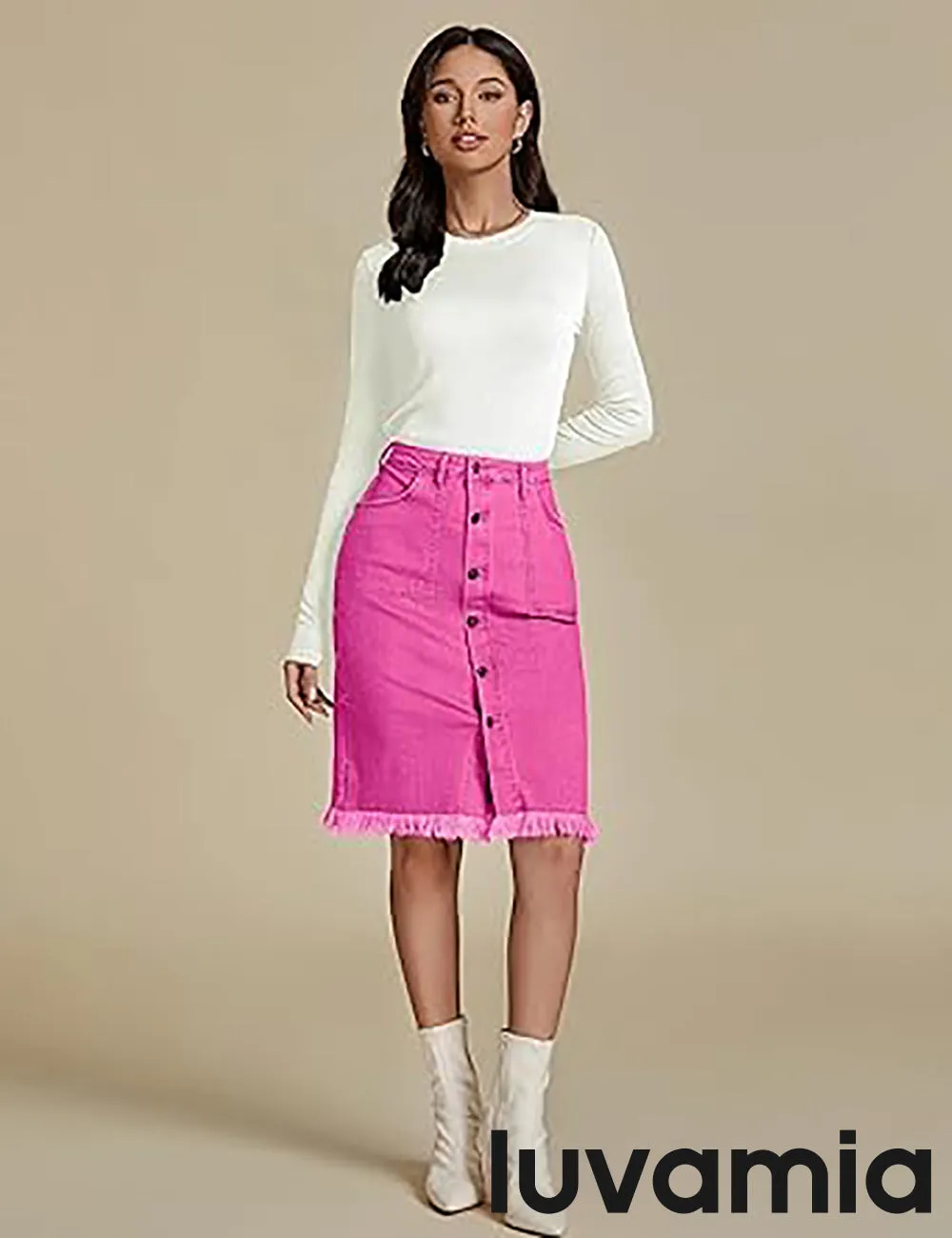 luvamia Women's Casual Mid Rise Button Down Frayed Raw Hem Fit Denim Jean Skirt