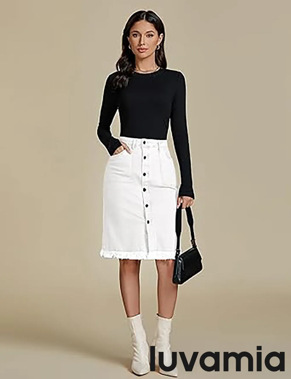 luvamia Women's Casual Mid Rise Button Down Frayed Raw Hem Fit Denim Jean Skirt