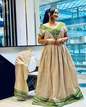 Marvelous Beige with Green Traditional Dress: with Amazing Handmade Patterns Habesha Dress