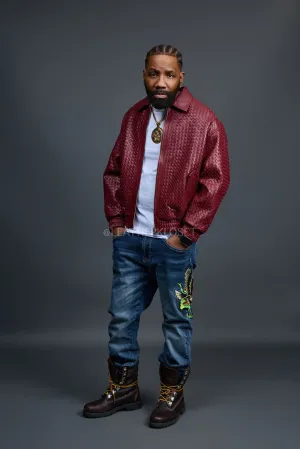 Men's Faris Braided Leather Bomber Jacket [Burgundy]