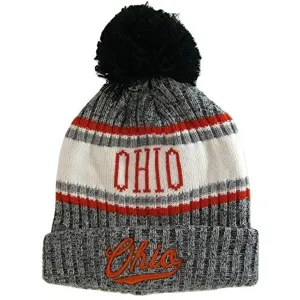 Ohio Plush Lined Embroidered Winter Knit Pom Beanie Hat (Gray/Red Script)