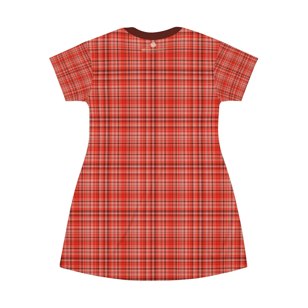 Orange Red Plaid T-shirt Dress, Best Tartan Print Designer Crew Neck T-shirt Dress-Made in USA
