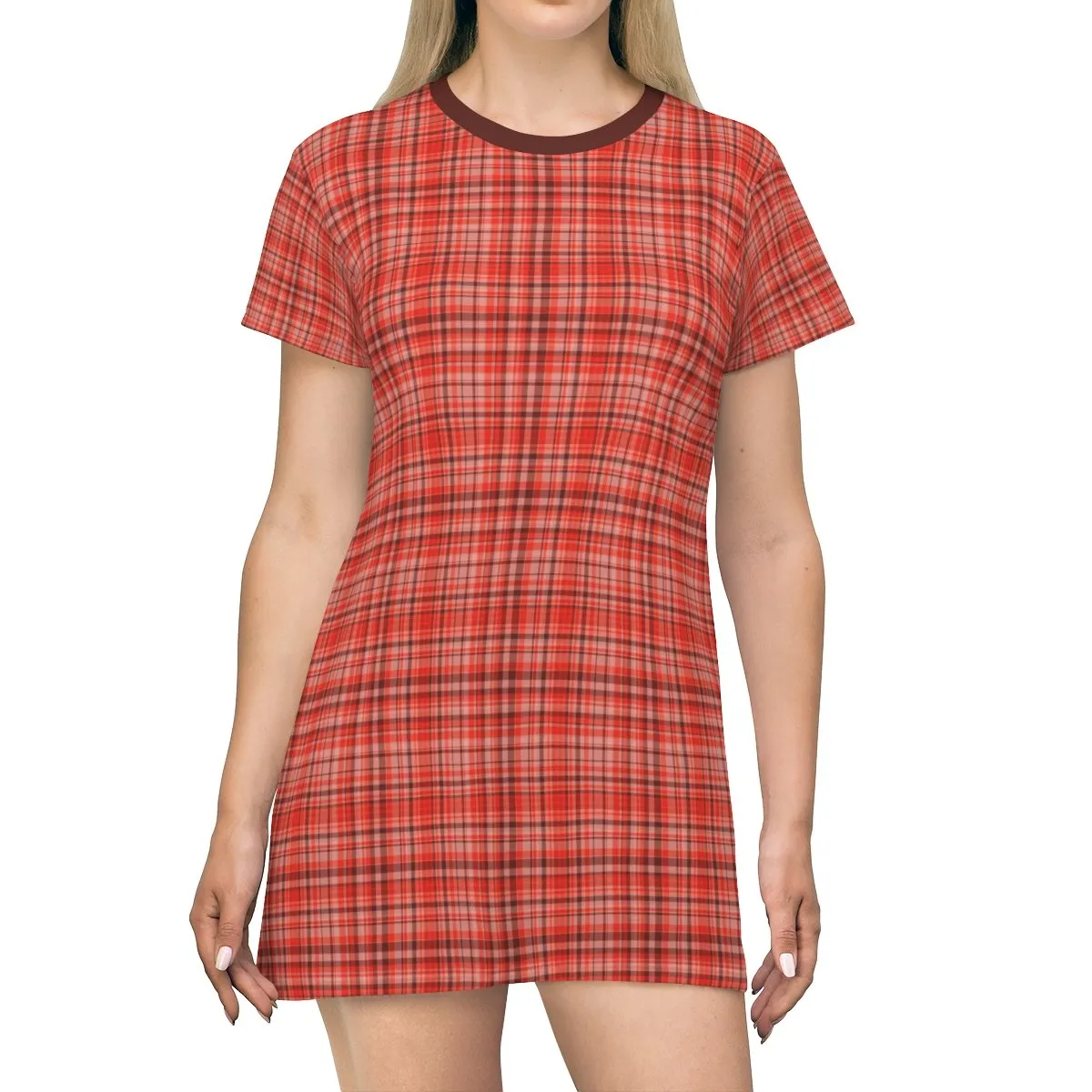 Orange Red Plaid T-shirt Dress, Best Tartan Print Designer Crew Neck T-shirt Dress-Made in USA