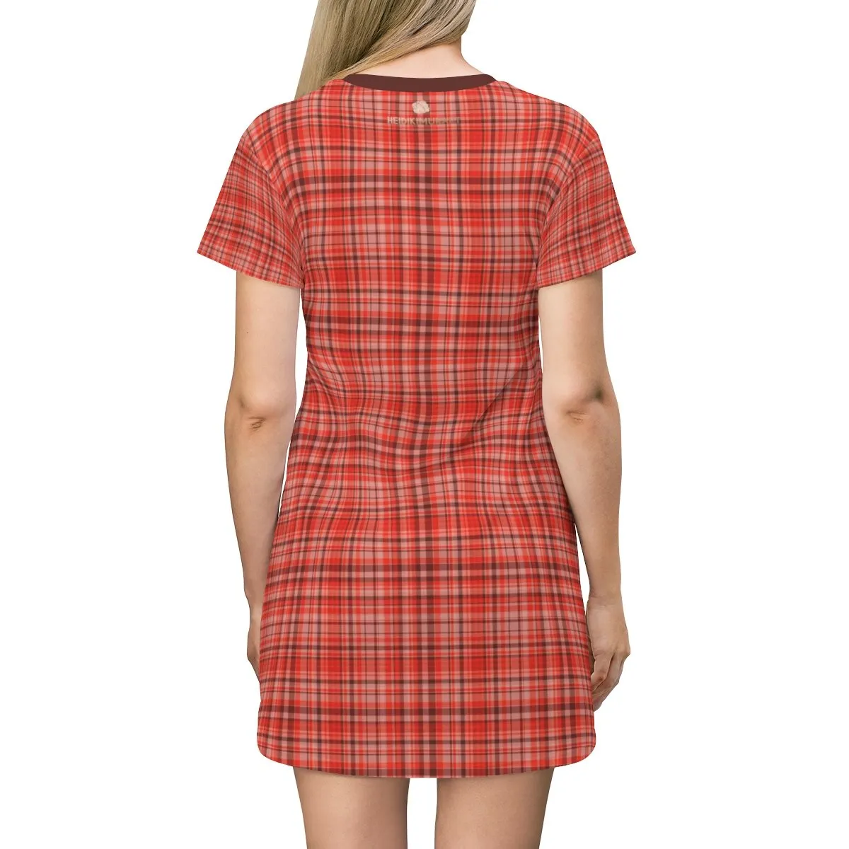 Orange Red Plaid T-shirt Dress, Best Tartan Print Designer Crew Neck T-shirt Dress-Made in USA