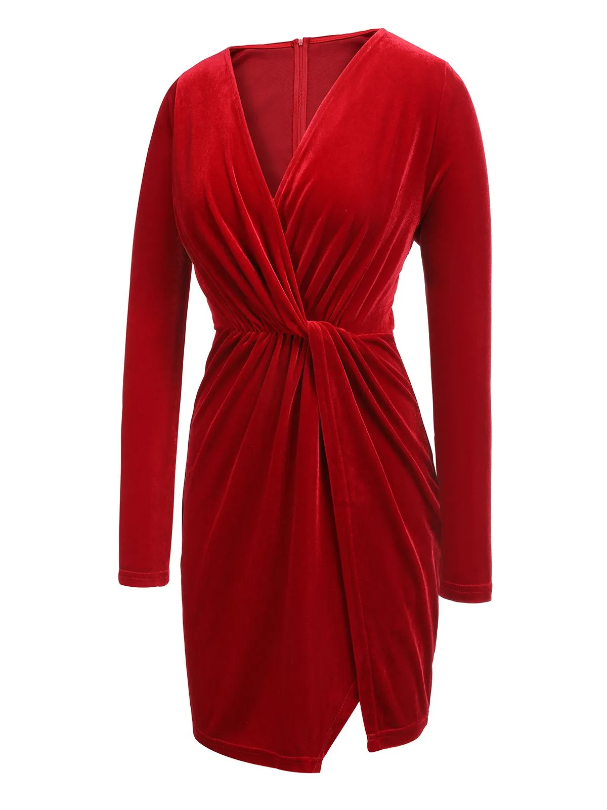 Red 1960s V-Neck Velvet Pleated Wrap Dress