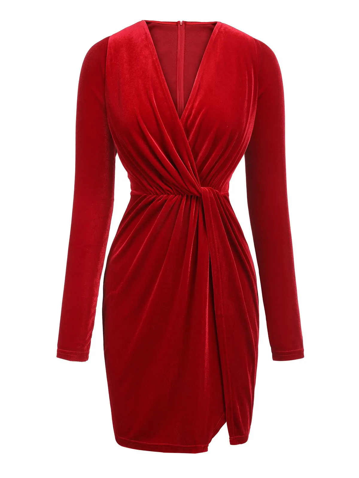Red 1960s V-Neck Velvet Pleated Wrap Dress