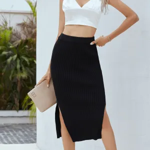 Ribbed Side Slit Midi Skirt