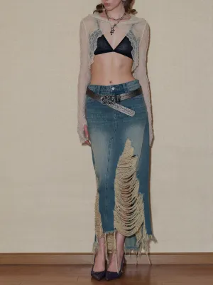 Ripped Denim Midi Skirt