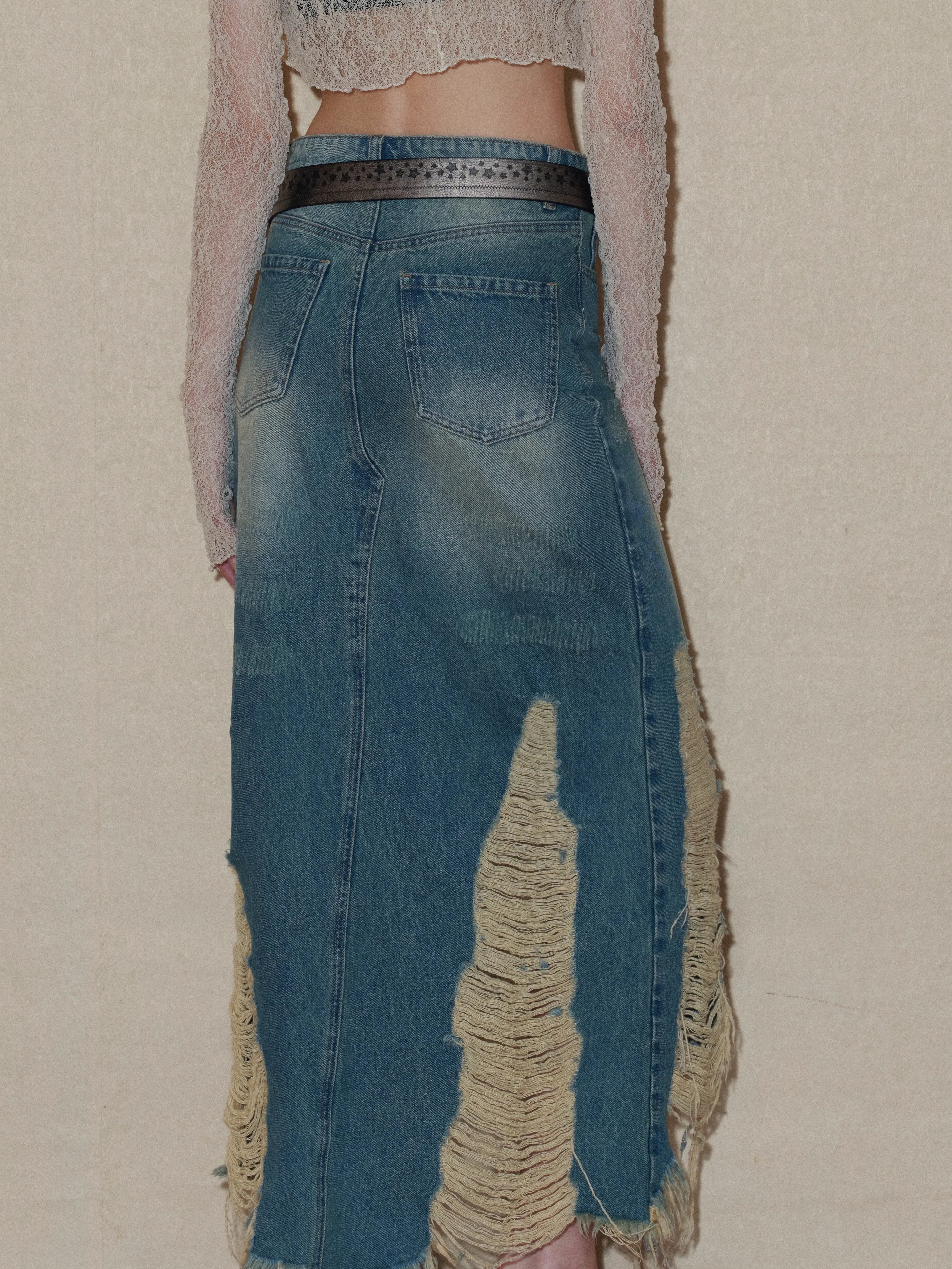 Ripped Denim Midi Skirt