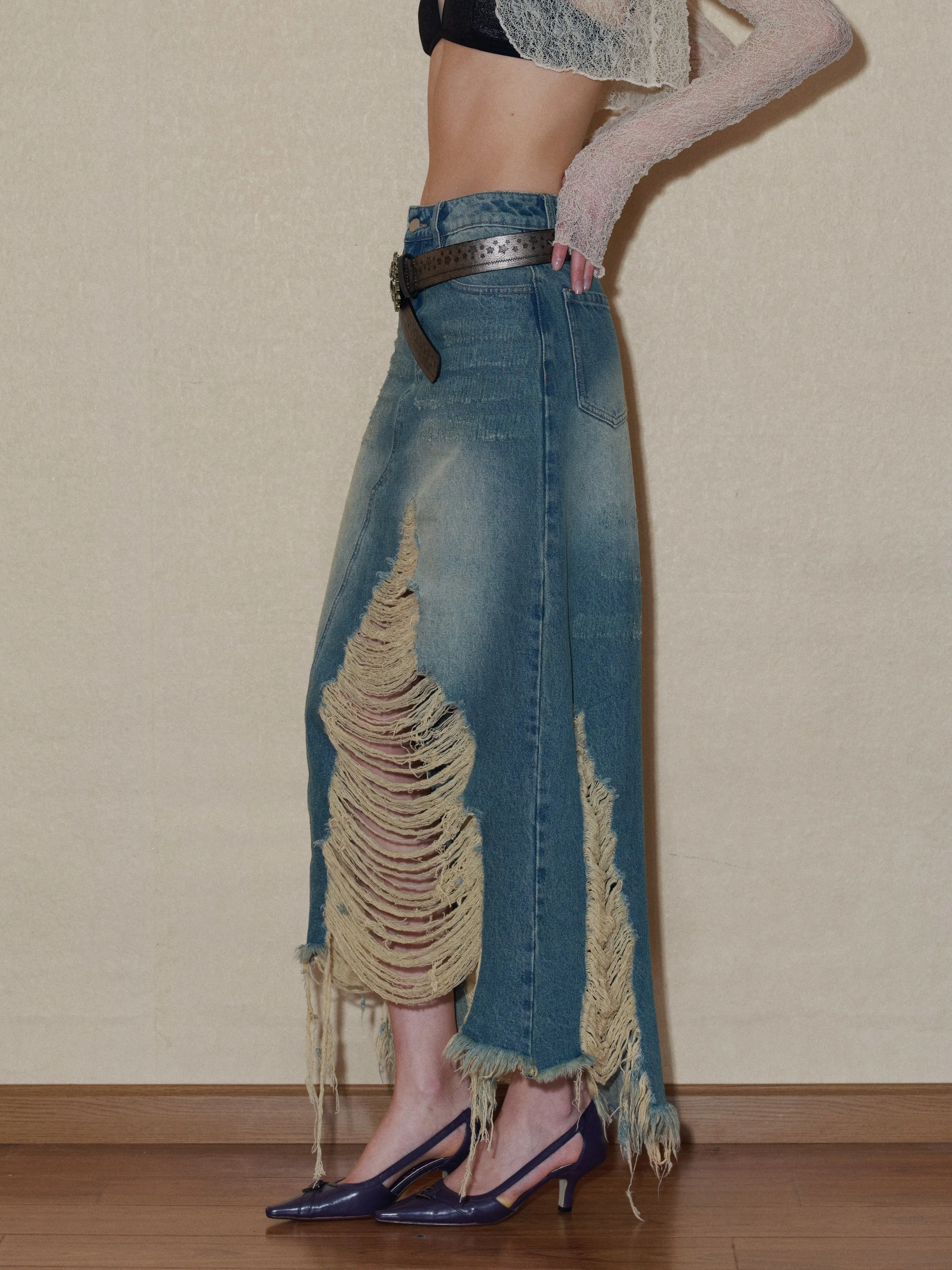 Ripped Denim Midi Skirt