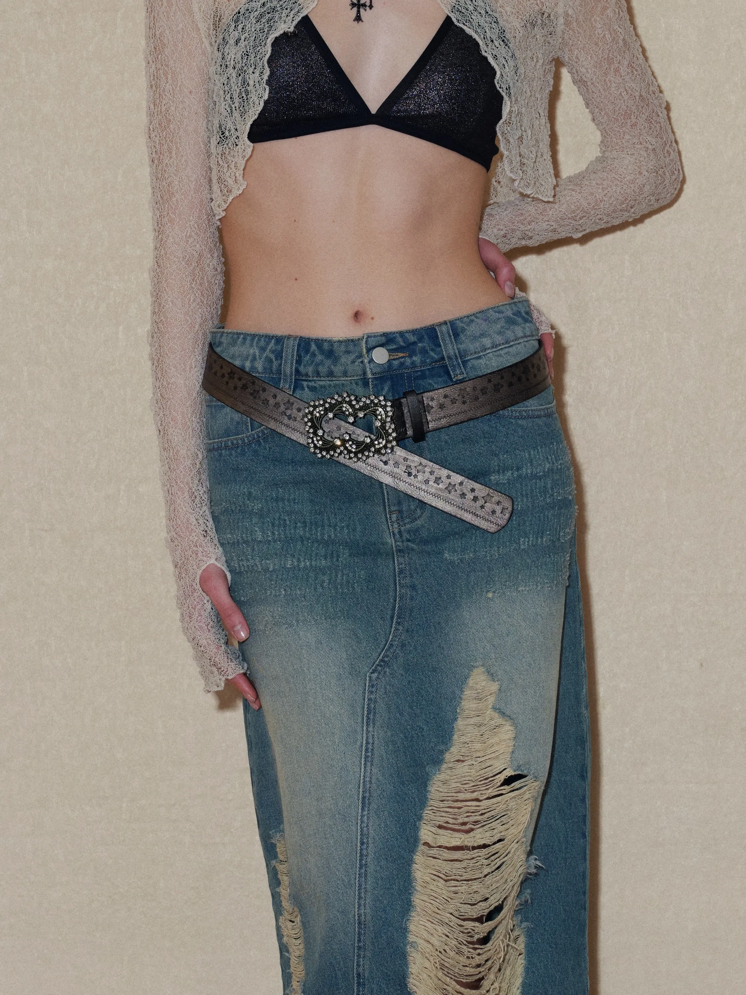Ripped Denim Midi Skirt