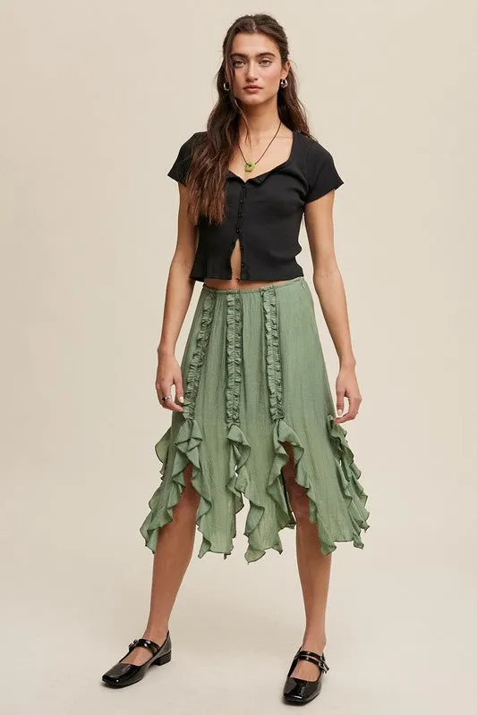 Sage Fringed Ruffle Midi Skirt