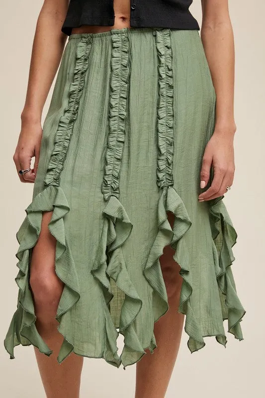 Sage Fringed Ruffle Midi Skirt