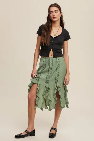 Sage Fringed Ruffle Midi Skirt