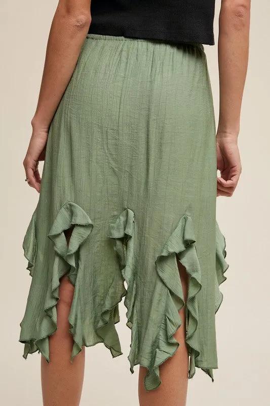 Sage Fringed Ruffle Midi Skirt