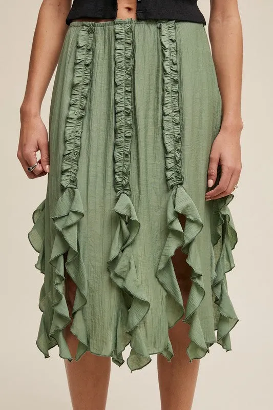 Sage Fringed Ruffle Midi Skirt