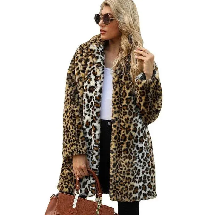 Savannah Chic Luxurious Leopard Print Mid-Length Faux Fur Coat with Notch Lapel