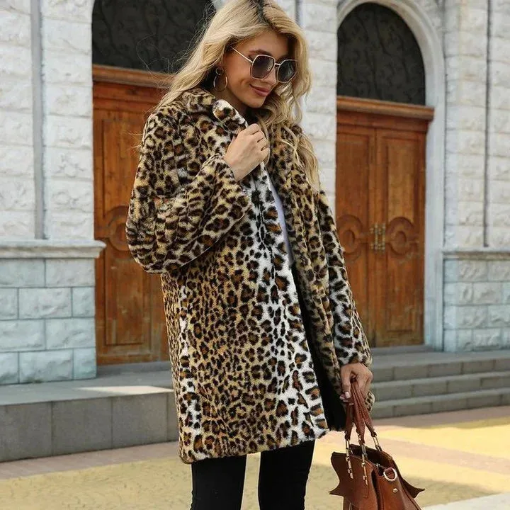 Savannah Chic Luxurious Leopard Print Mid-Length Faux Fur Coat with Notch Lapel