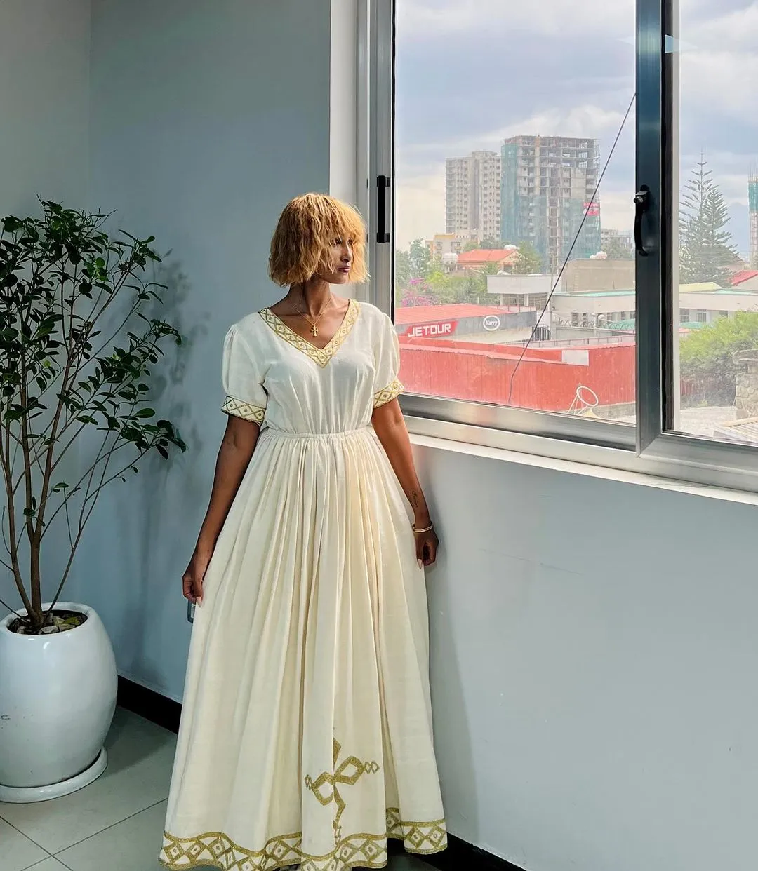 Short Sleeved Beige Habesha Dress: with Golden Handwoven Embroidery Traditional Ethiopian Dress