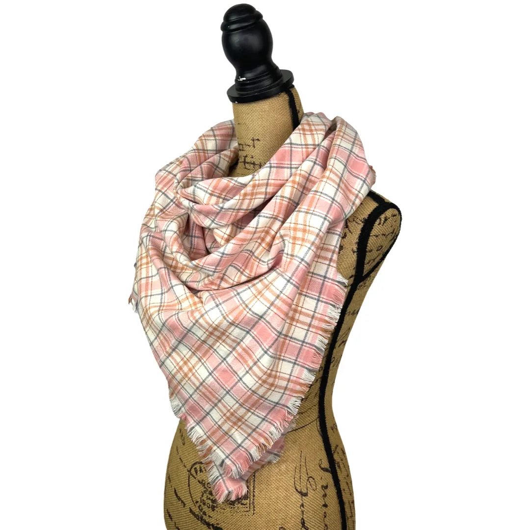 Soft Pink and White with Accents of Rust and Grey Luxe Collection Plaid Infinity and Blanket Scarves
