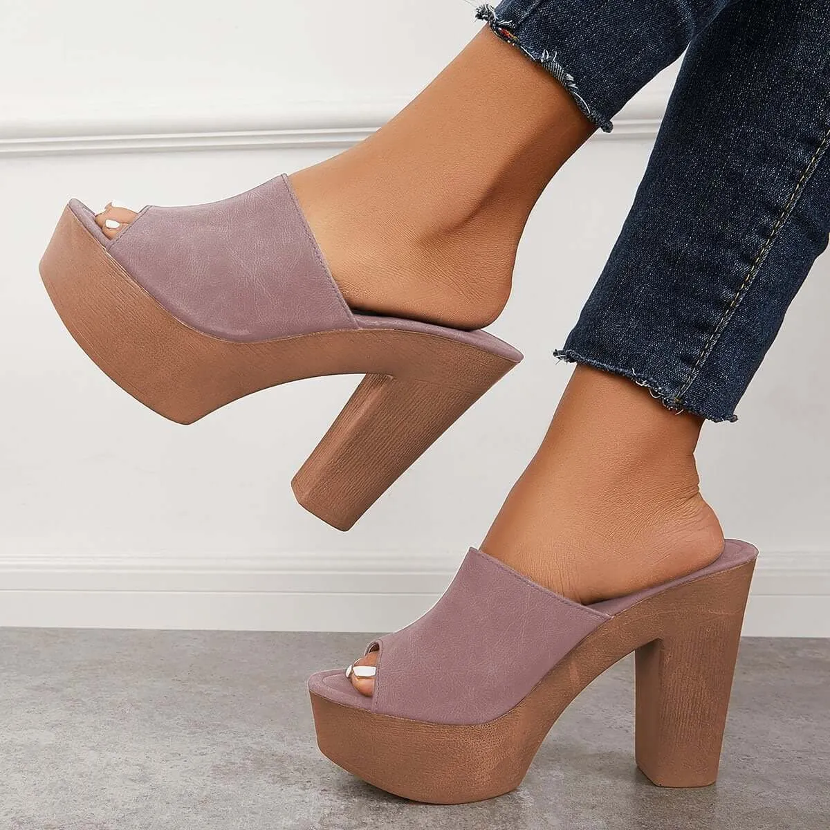 Sohiwoo Peep Toe Slip on Platform Chunky Mules High Heel Slide Sandals