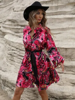 VCAY Women Casual Random Paisley Flower Print Long Sleeve Shirt Dress For Holiday