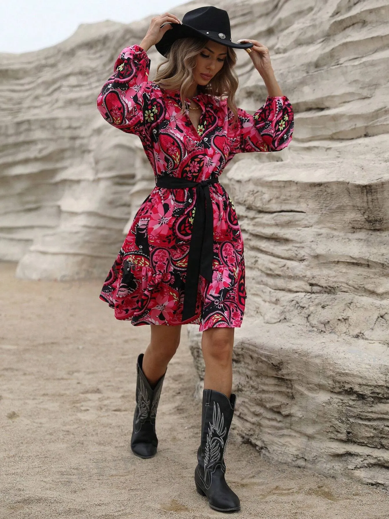 VCAY Women Casual Random Paisley Flower Print Long Sleeve Shirt Dress For Holiday