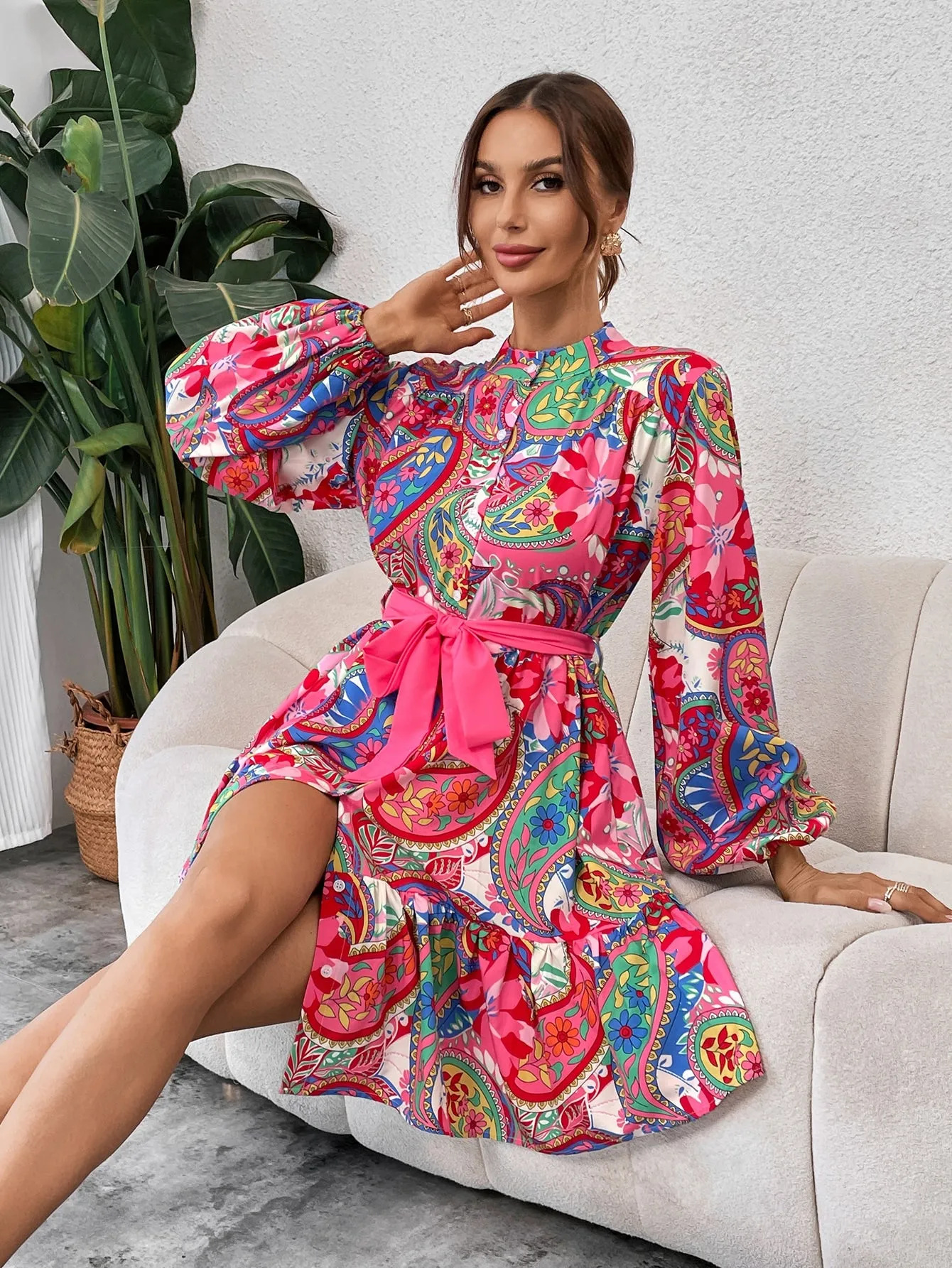 VCAY Women Casual Random Paisley Flower Print Long Sleeve Shirt Dress For Holiday
