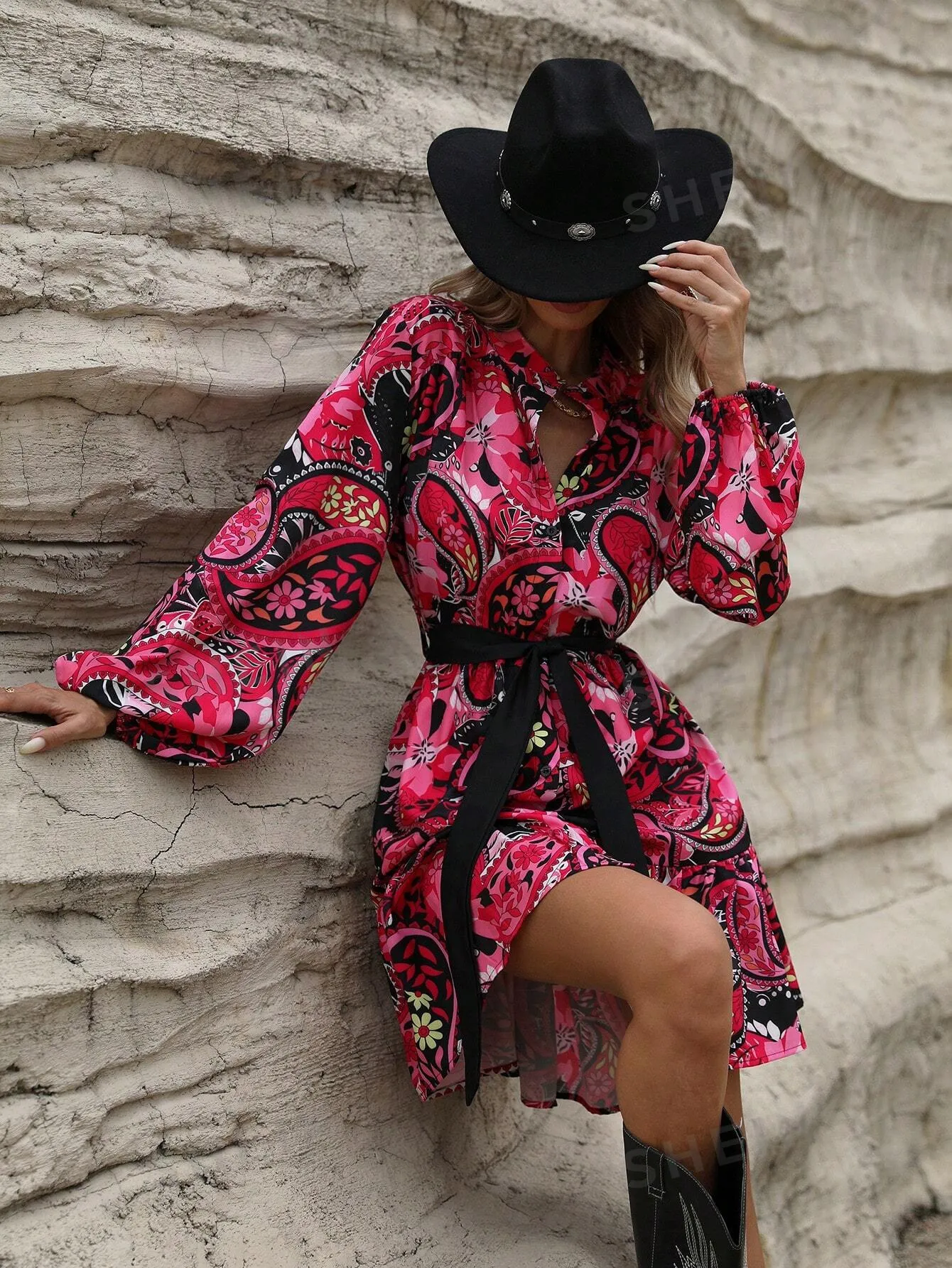VCAY Women Casual Random Paisley Flower Print Long Sleeve Shirt Dress For Holiday