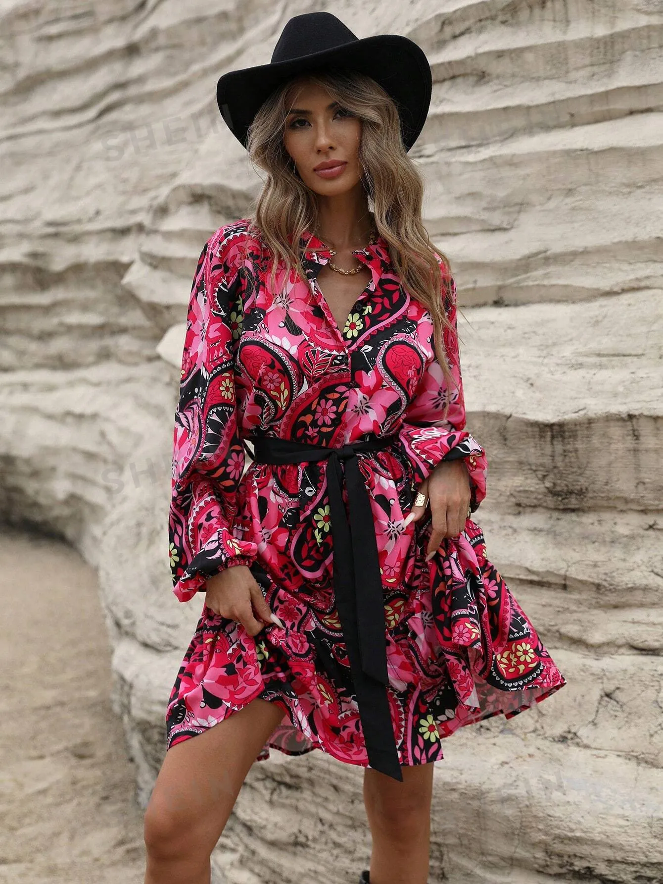 VCAY Women Casual Random Paisley Flower Print Long Sleeve Shirt Dress For Holiday