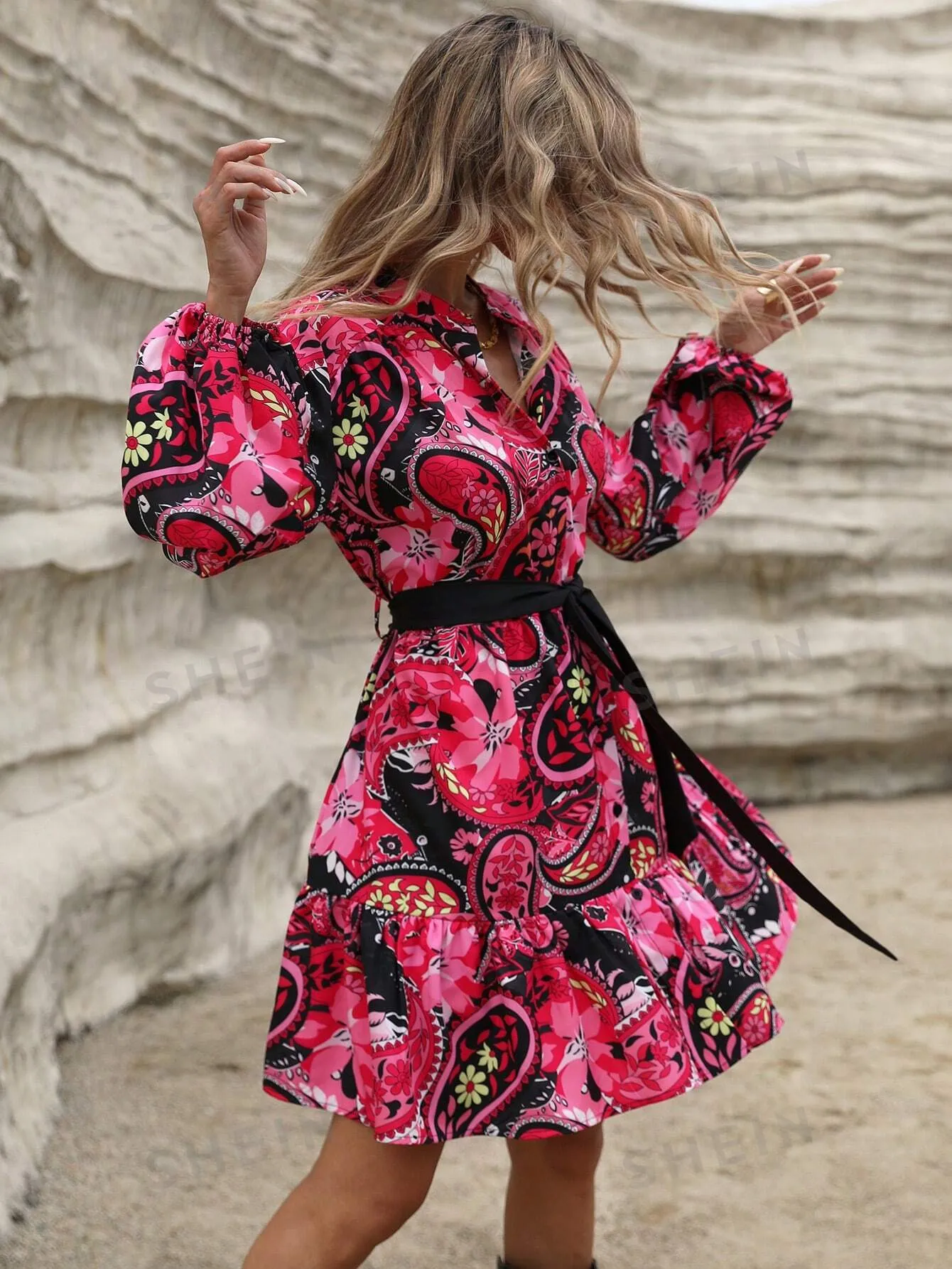 VCAY Women Casual Random Paisley Flower Print Long Sleeve Shirt Dress For Holiday