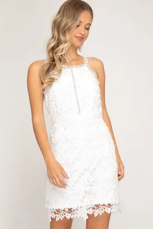 White Lace Sleeveless Bodycon Dress With Lining