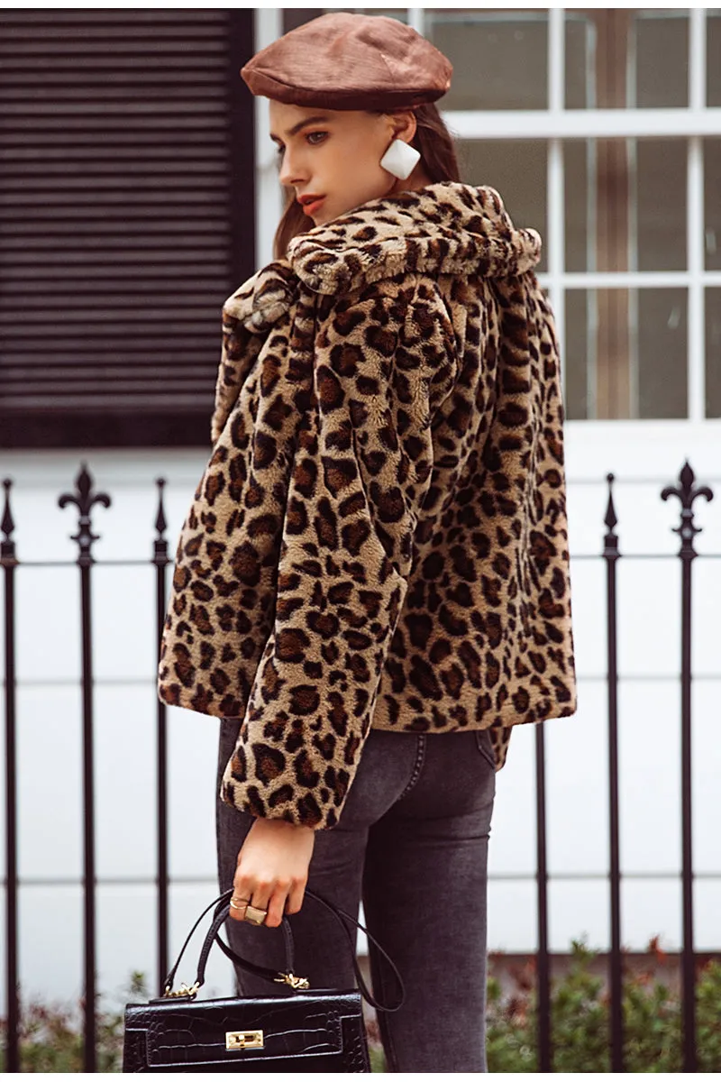 Women's Autumn & Winter Faux Fur Coat With Leopard Print