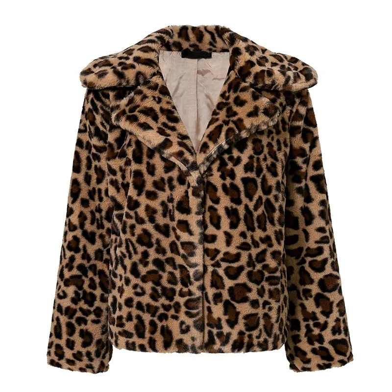 Women's Autumn & Winter Faux Fur Coat With Leopard Print