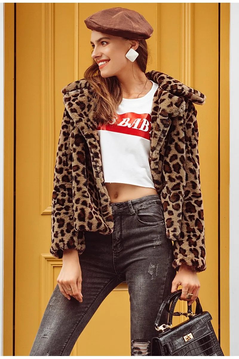 Women's Autumn & Winter Faux Fur Coat With Leopard Print