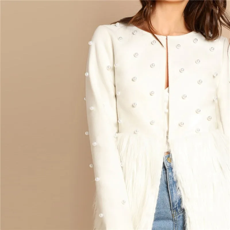 Women's Autumn Faux Fur Coat With Pearl
