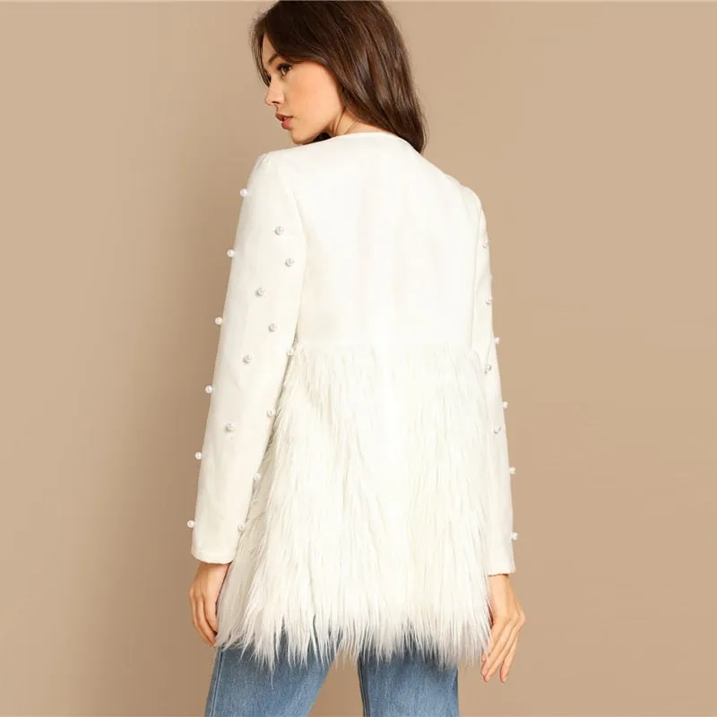 Women's Autumn Faux Fur Coat With Pearl