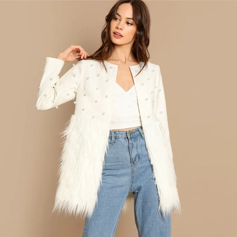 Women's Autumn Faux Fur Coat With Pearl