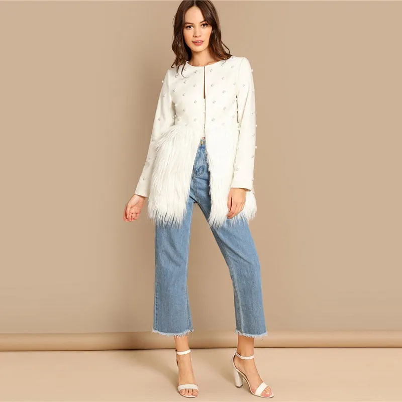 Women's Autumn Faux Fur Coat With Pearl