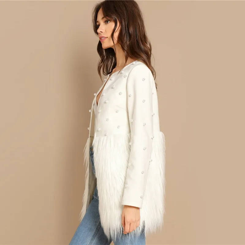 Women's Autumn Faux Fur Coat With Pearl