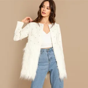 Women's Autumn Faux Fur Coat With Pearl