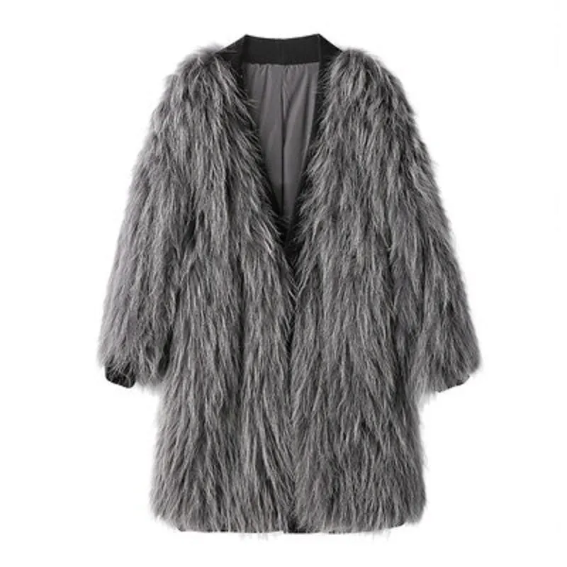Women's Autumn/Winter Casual V-Neck Medium Coat With Fox Fur