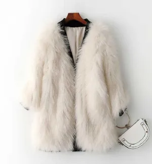 Women's Autumn/Winter Casual V-Neck Medium Coat With Fox Fur
